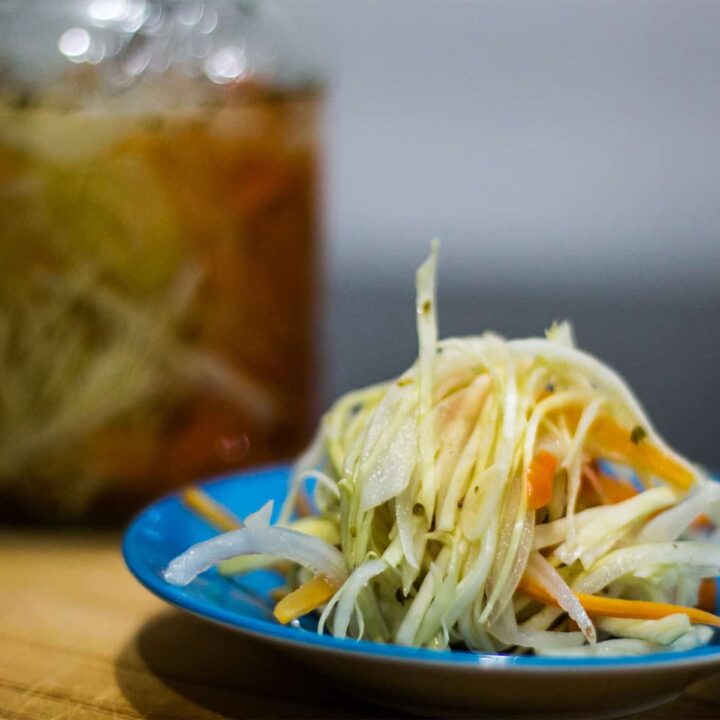 Blue plate full of carrot and cabbage slaw. A jar with the same contents in the background.